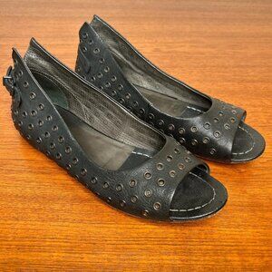 Elisa Nero Black Leather Flat Peep Toe Flats